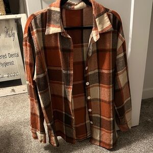 Plaid Button-Up Shirt in Orange, Brown and Cream